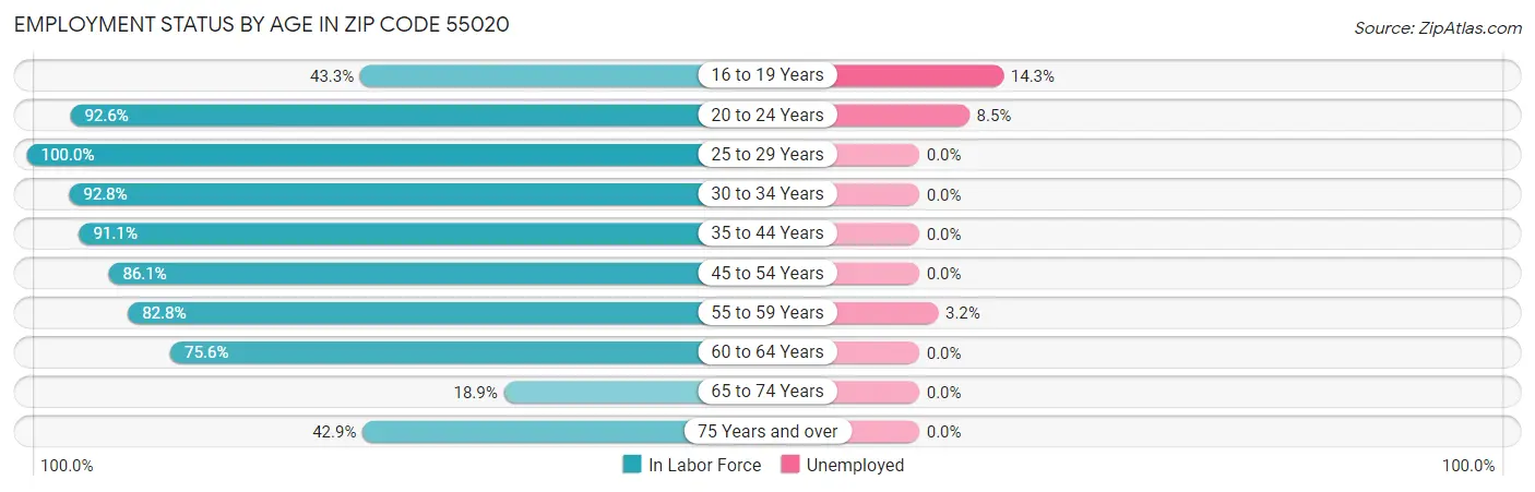 Employment Status by Age in Zip Code 55020