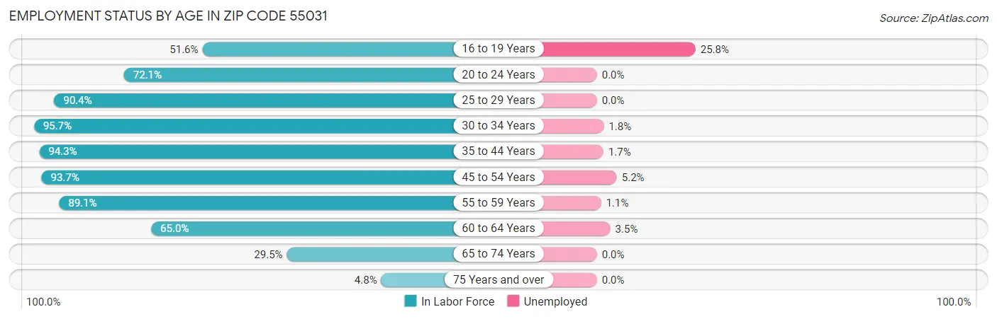 Employment Status by Age in Zip Code 55031