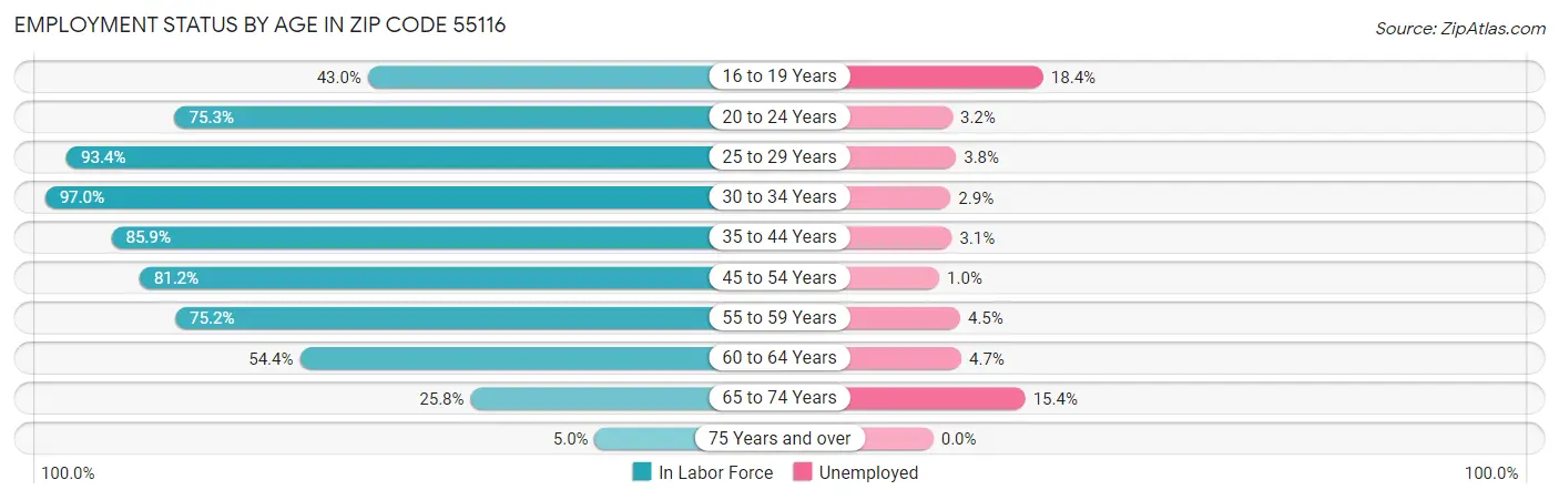 Employment Status by Age in Zip Code 55116