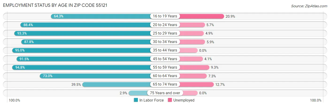 Employment Status by Age in Zip Code 55121