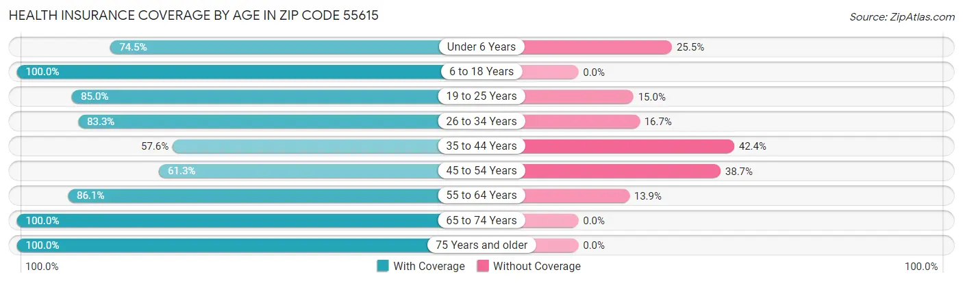 Health Insurance Coverage by Age in Zip Code 55615