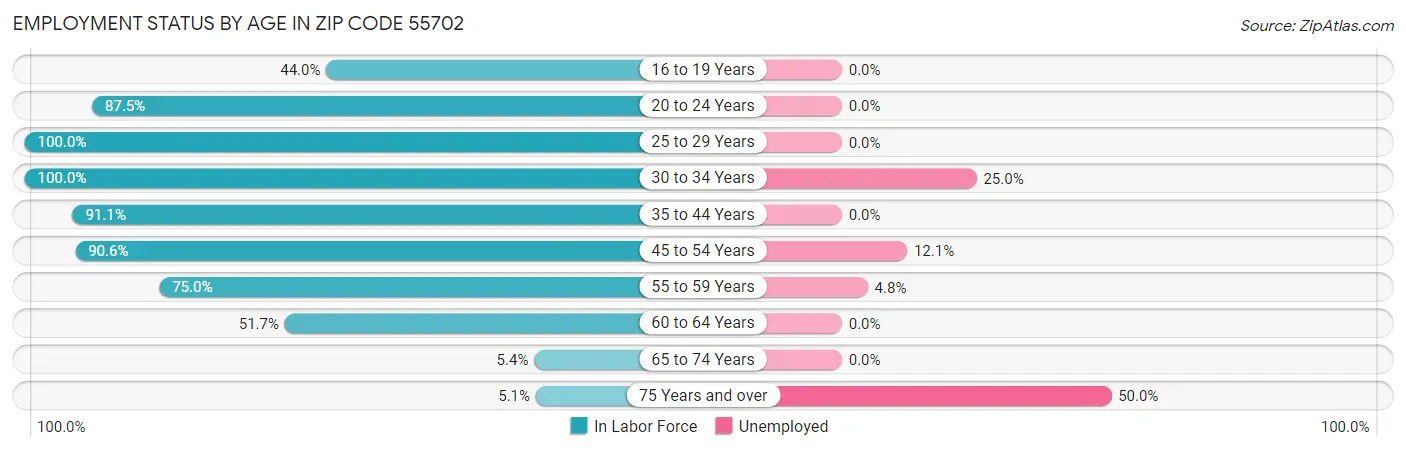 Employment Status by Age in Zip Code 55702