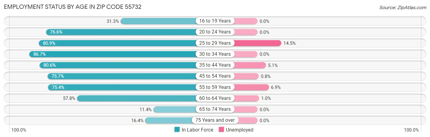 Employment Status by Age in Zip Code 55732