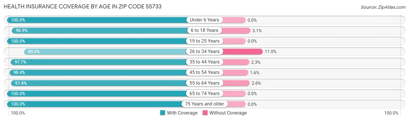 Health Insurance Coverage by Age in Zip Code 55733