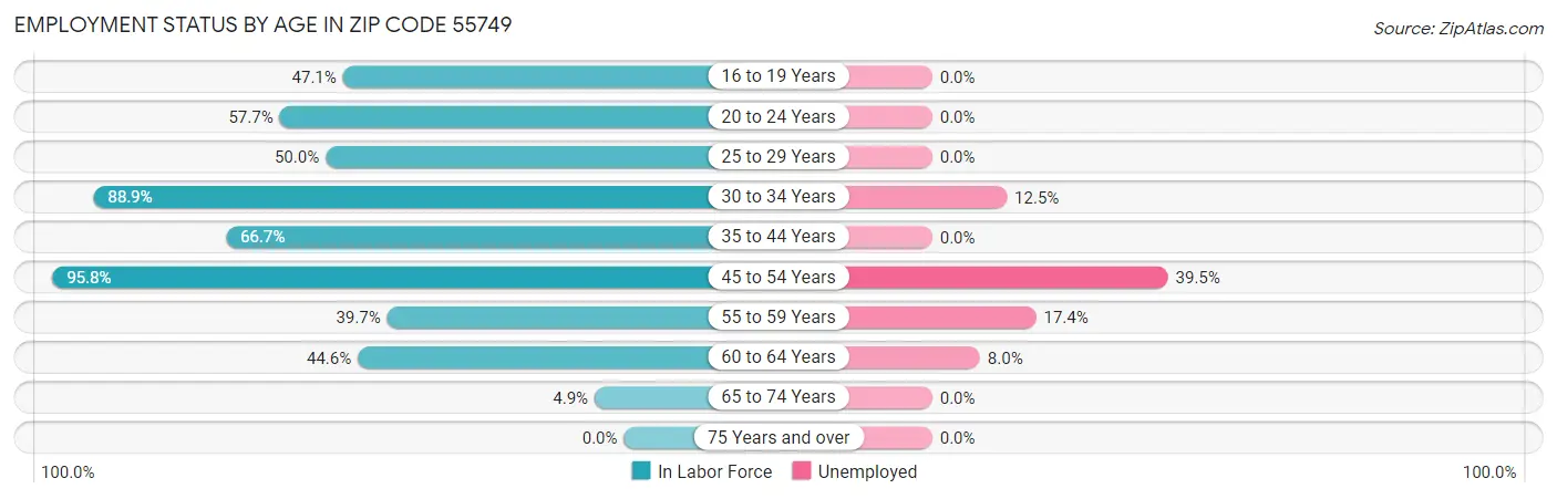 Employment Status by Age in Zip Code 55749