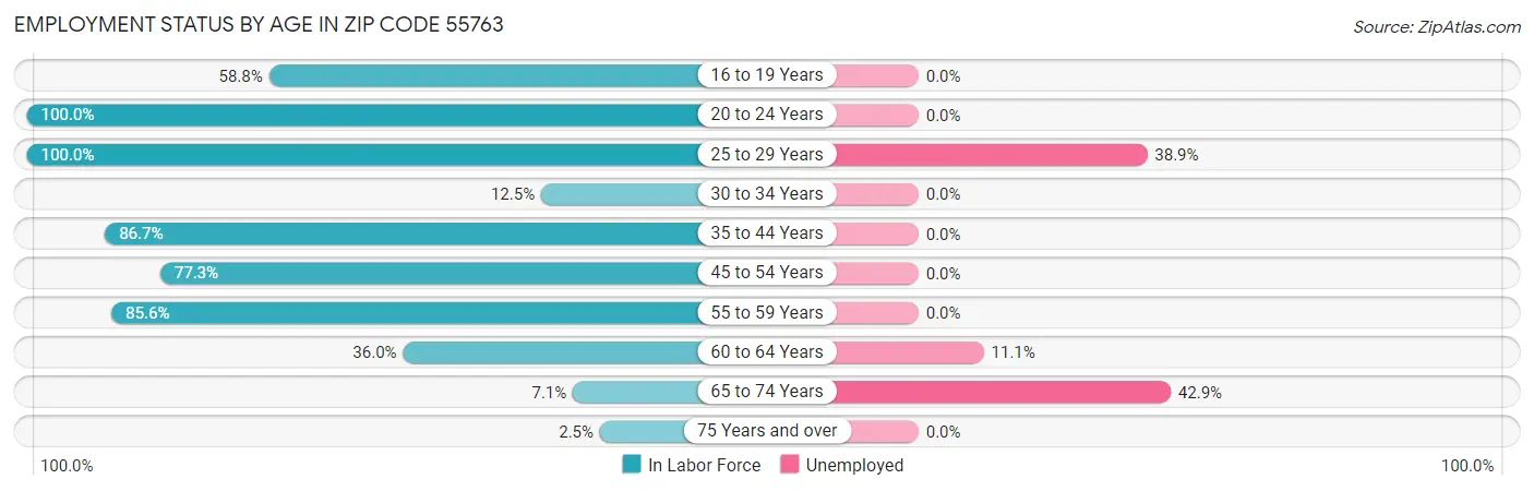 Employment Status by Age in Zip Code 55763