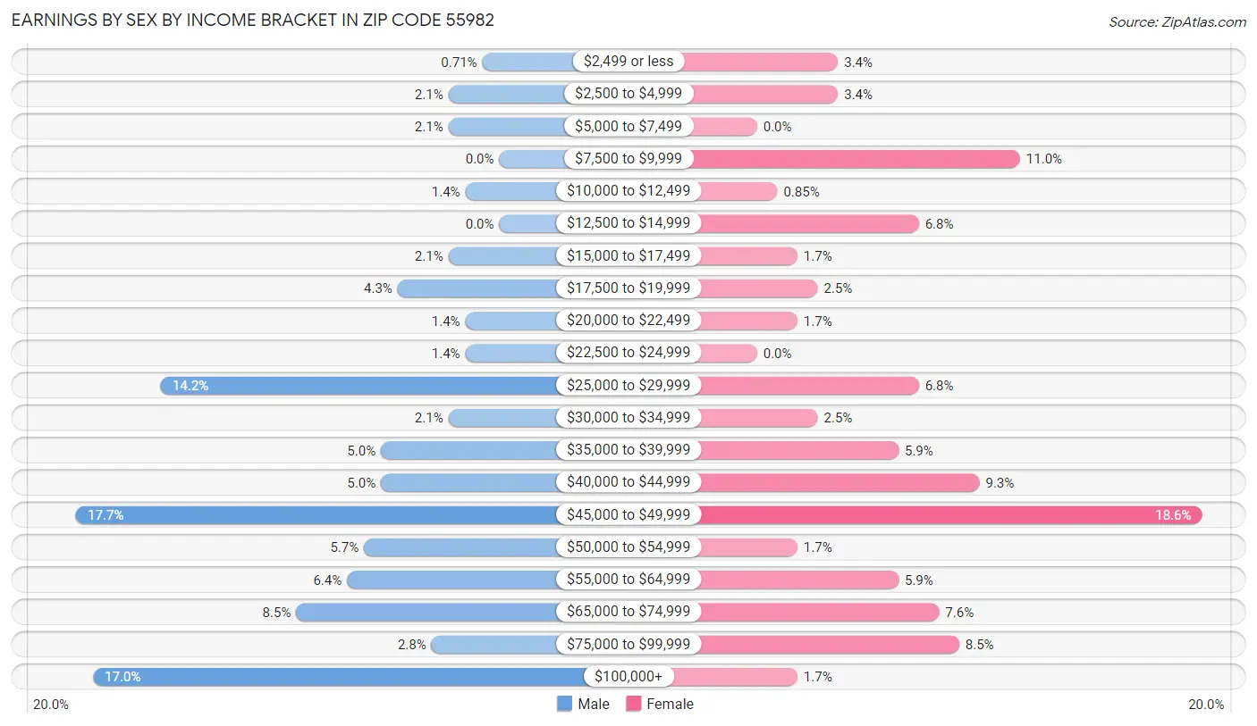 Earnings by Sex by Income Bracket in Zip Code 55982