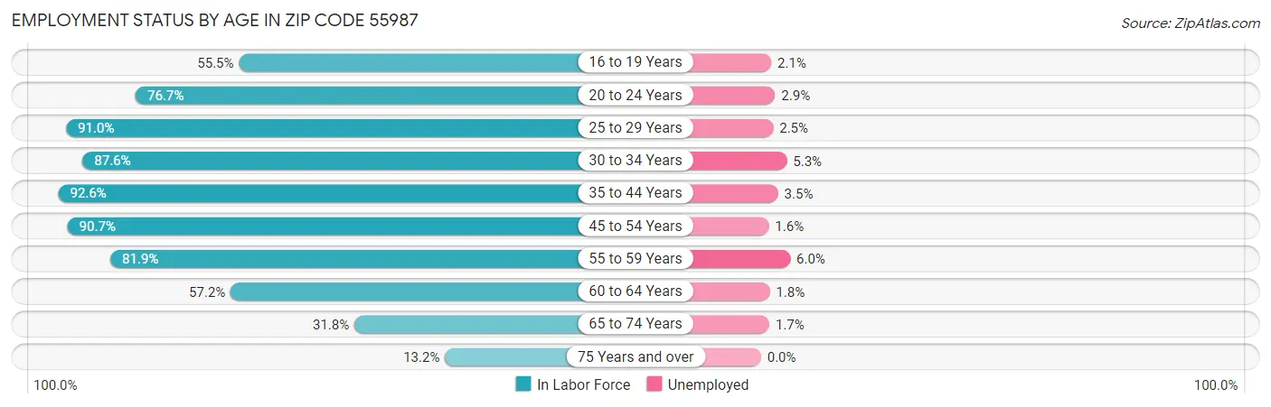 Employment Status by Age in Zip Code 55987