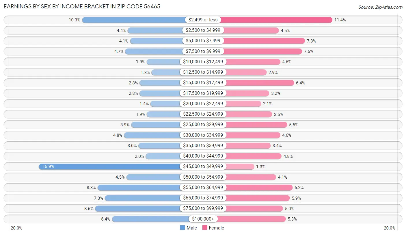 Earnings by Sex by Income Bracket in Zip Code 56465