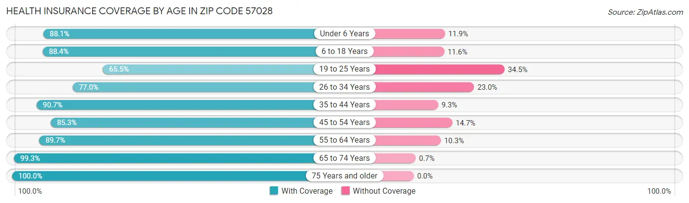 Health Insurance Coverage by Age in Zip Code 57028