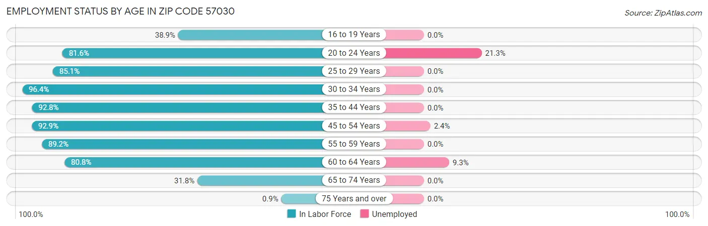 Employment Status by Age in Zip Code 57030
