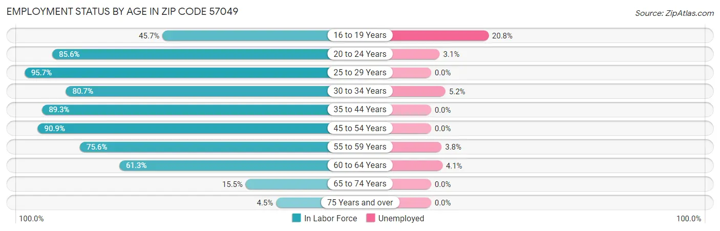 Employment Status by Age in Zip Code 57049