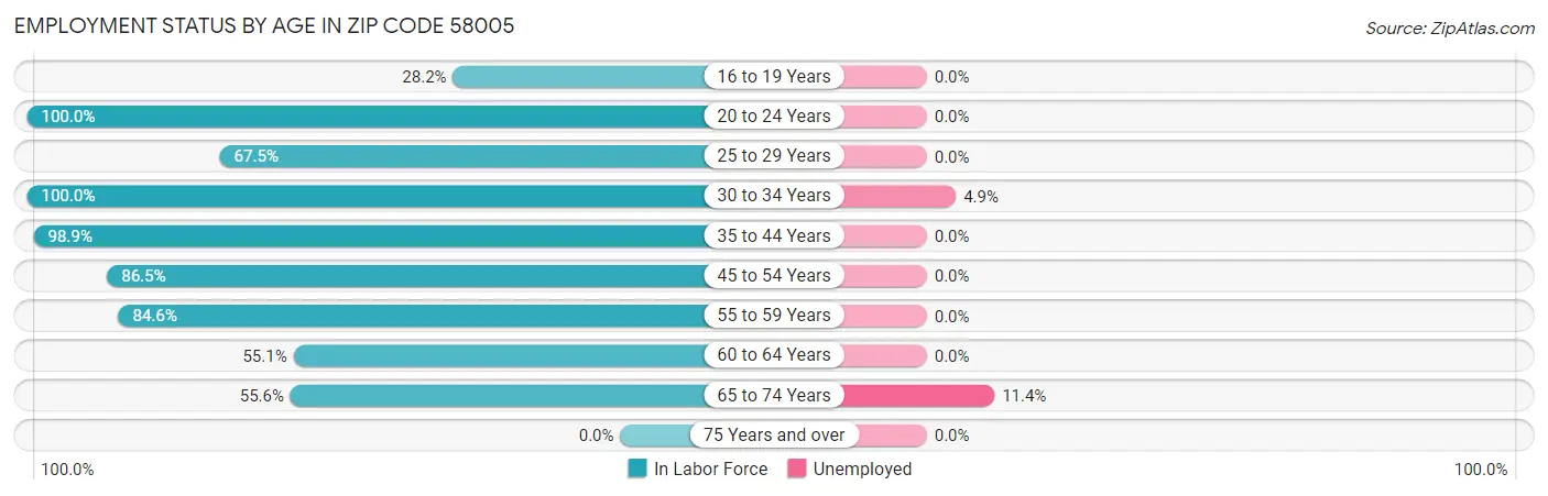Employment Status by Age in Zip Code 58005