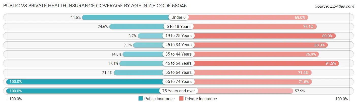 Public vs Private Health Insurance Coverage by Age in Zip Code 58045