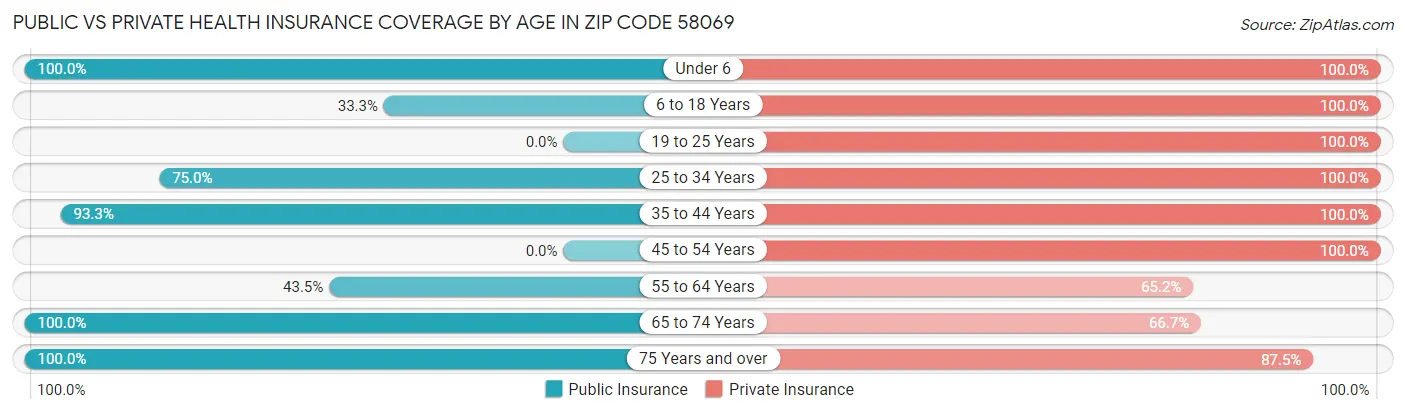 Public vs Private Health Insurance Coverage by Age in Zip Code 58069