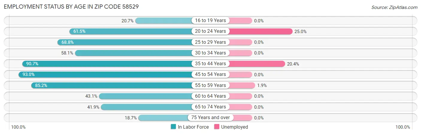 Employment Status by Age in Zip Code 58529