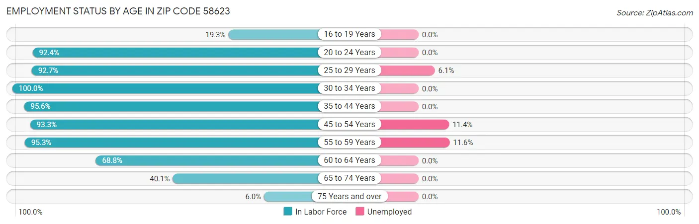 Employment Status by Age in Zip Code 58623