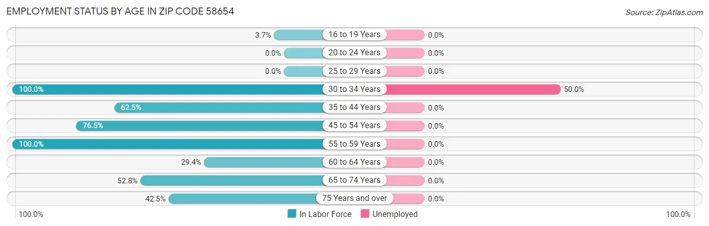 Employment Status by Age in Zip Code 58654