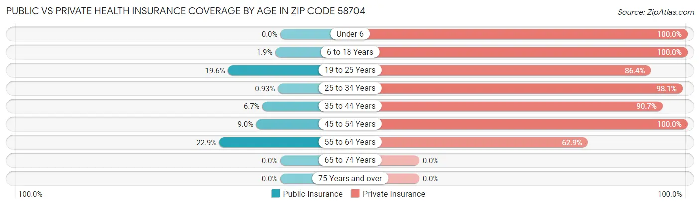 Public vs Private Health Insurance Coverage by Age in Zip Code 58704