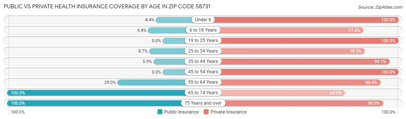 Public vs Private Health Insurance Coverage by Age in Zip Code 58731