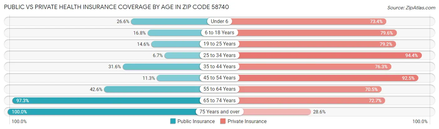 Public vs Private Health Insurance Coverage by Age in Zip Code 58740