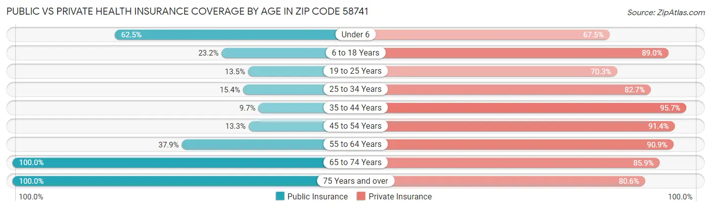 Public vs Private Health Insurance Coverage by Age in Zip Code 58741