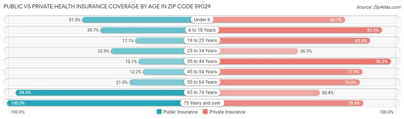 Public vs Private Health Insurance Coverage by Age in Zip Code 59029