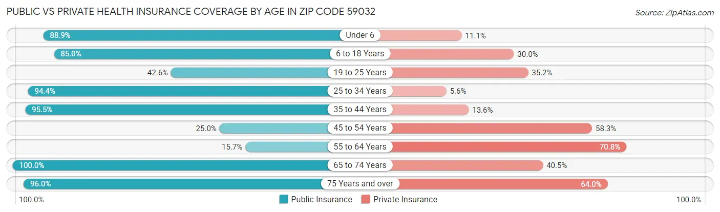 Public vs Private Health Insurance Coverage by Age in Zip Code 59032