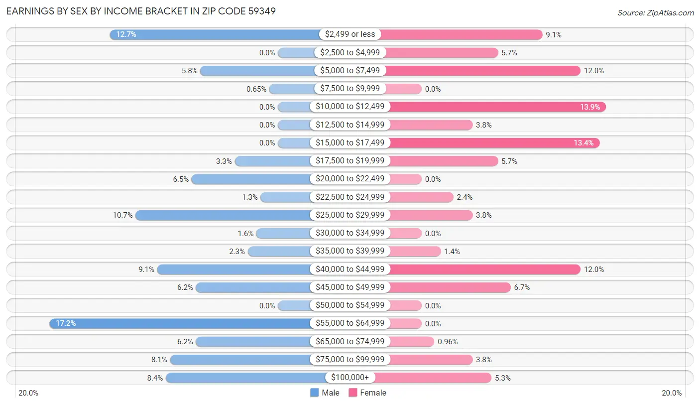 Earnings by Sex by Income Bracket in Zip Code 59349