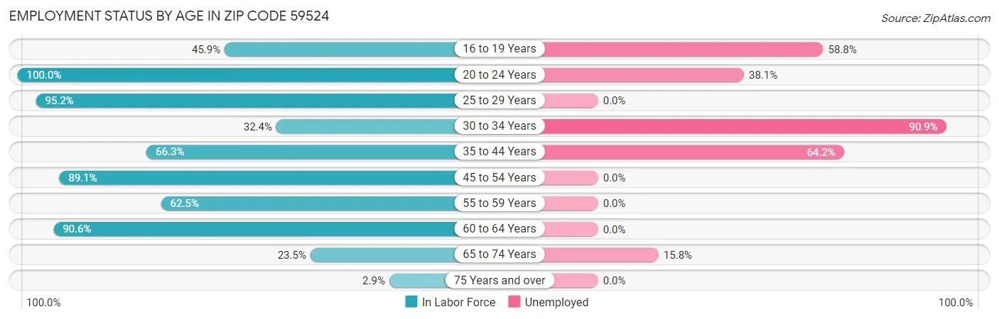 Employment Status by Age in Zip Code 59524