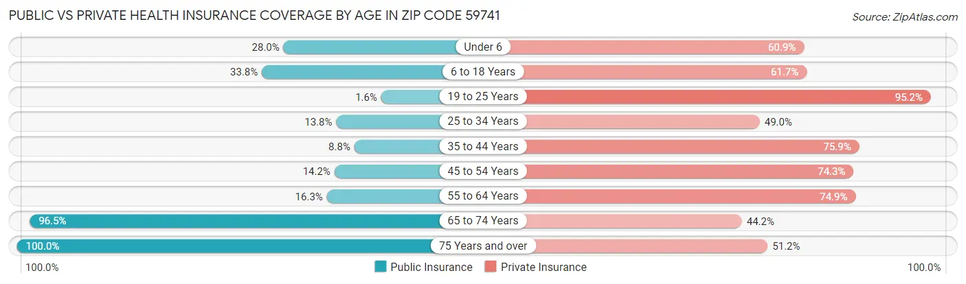 Public vs Private Health Insurance Coverage by Age in Zip Code 59741