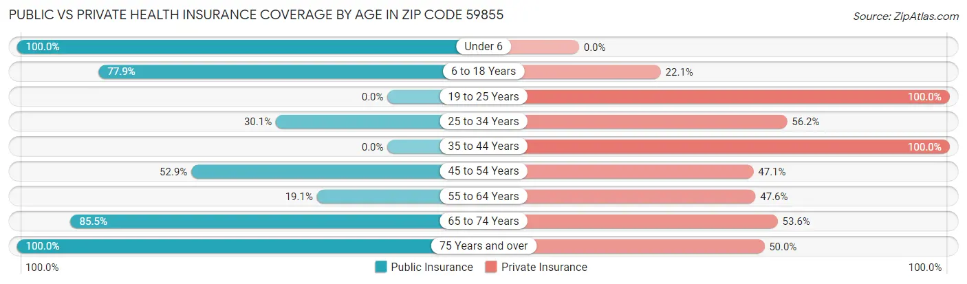 Public vs Private Health Insurance Coverage by Age in Zip Code 59855