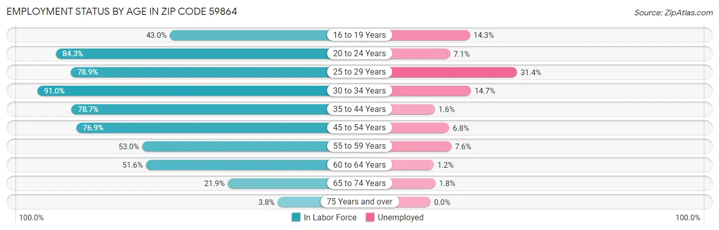 Employment Status by Age in Zip Code 59864