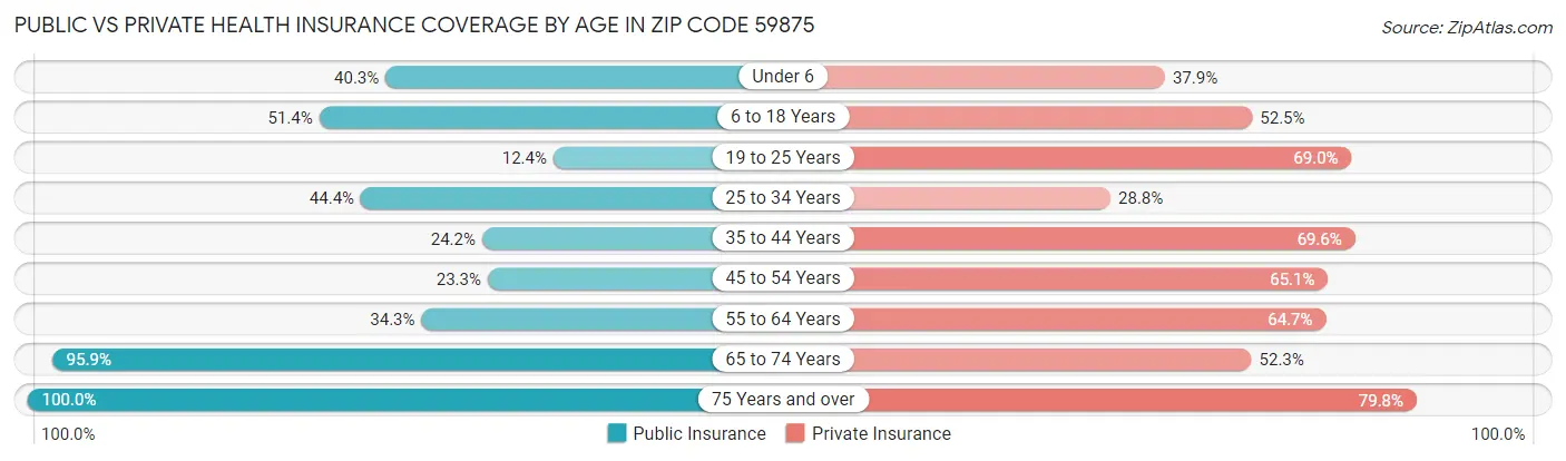Public vs Private Health Insurance Coverage by Age in Zip Code 59875