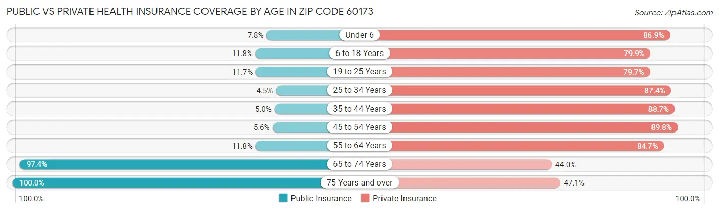 Public vs Private Health Insurance Coverage by Age in Zip Code 60173
