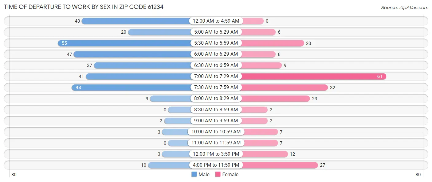Time of Departure to Work by Sex in Zip Code 61234