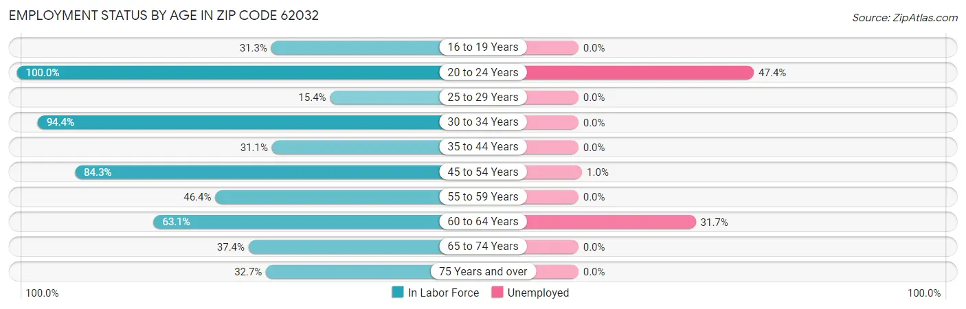 Employment Status by Age in Zip Code 62032