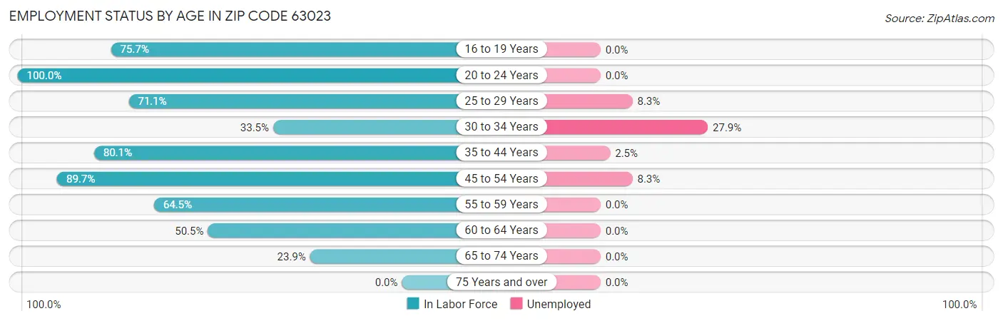 Employment Status by Age in Zip Code 63023
