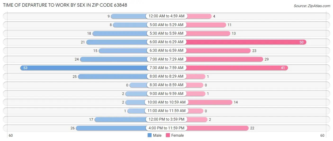 Time of Departure to Work by Sex in Zip Code 63848