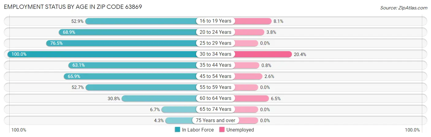 Employment Status by Age in Zip Code 63869