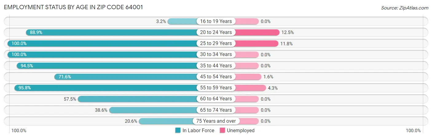 Employment Status by Age in Zip Code 64001