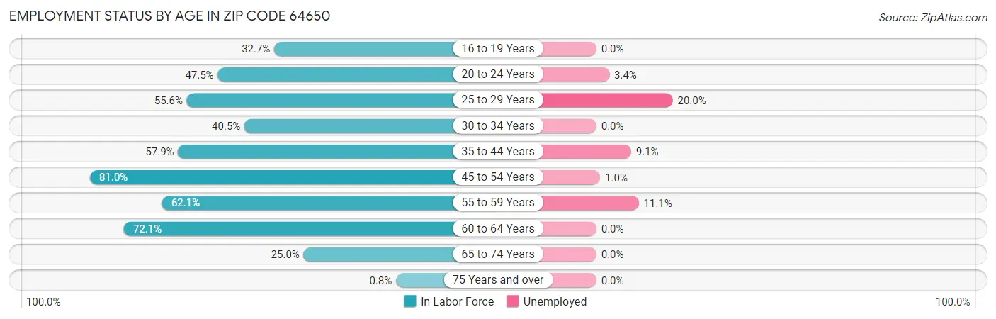 Employment Status by Age in Zip Code 64650