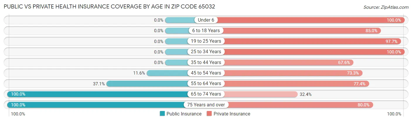 Public vs Private Health Insurance Coverage by Age in Zip Code 65032
