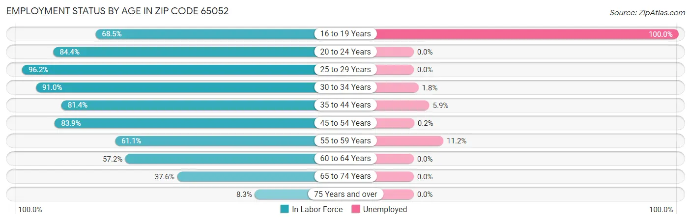 Employment Status by Age in Zip Code 65052