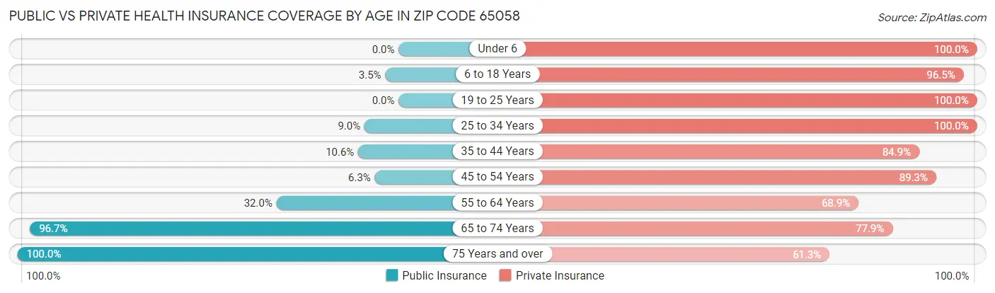 Public vs Private Health Insurance Coverage by Age in Zip Code 65058