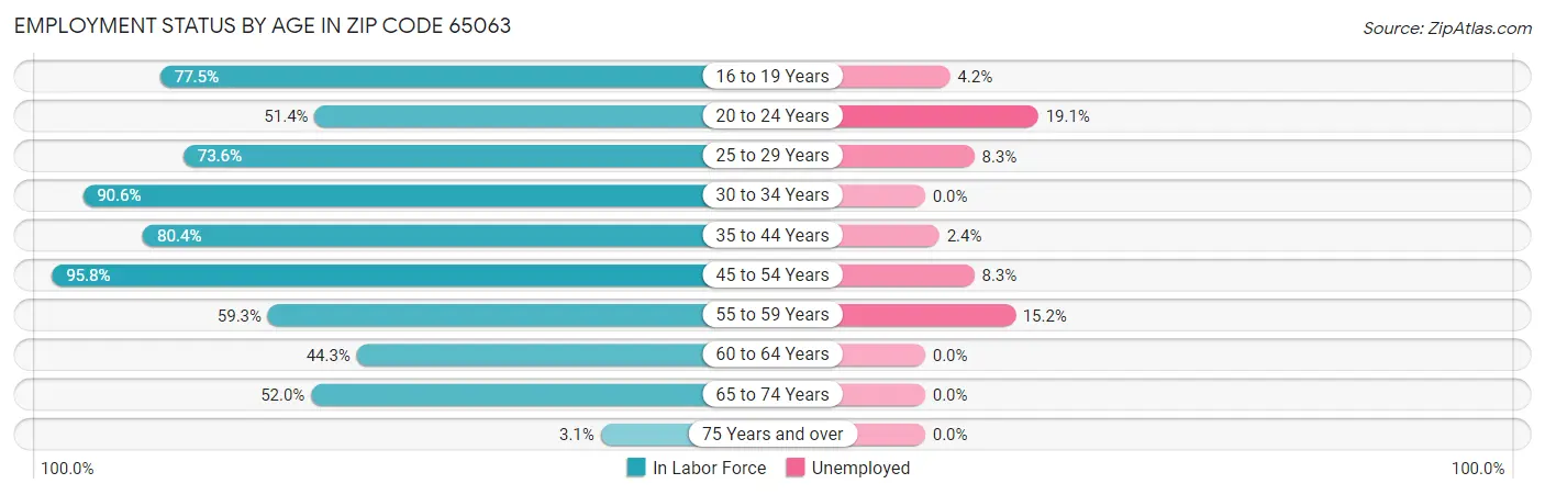 Employment Status by Age in Zip Code 65063