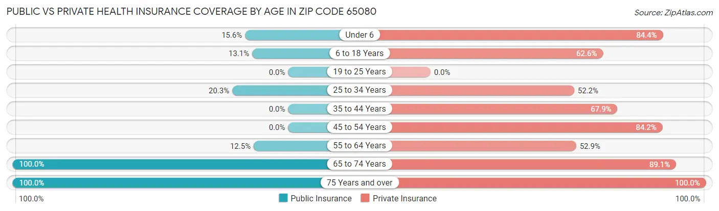 Public vs Private Health Insurance Coverage by Age in Zip Code 65080