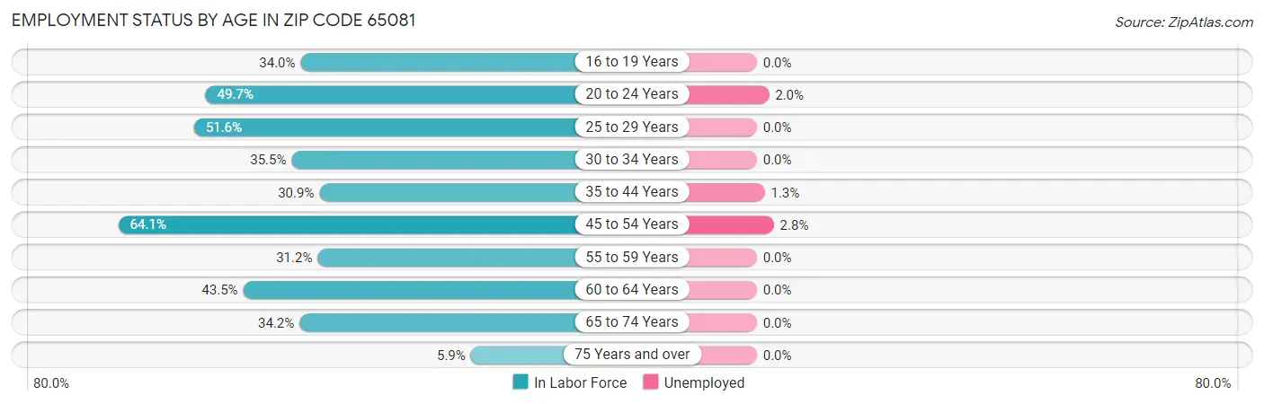 Employment Status by Age in Zip Code 65081