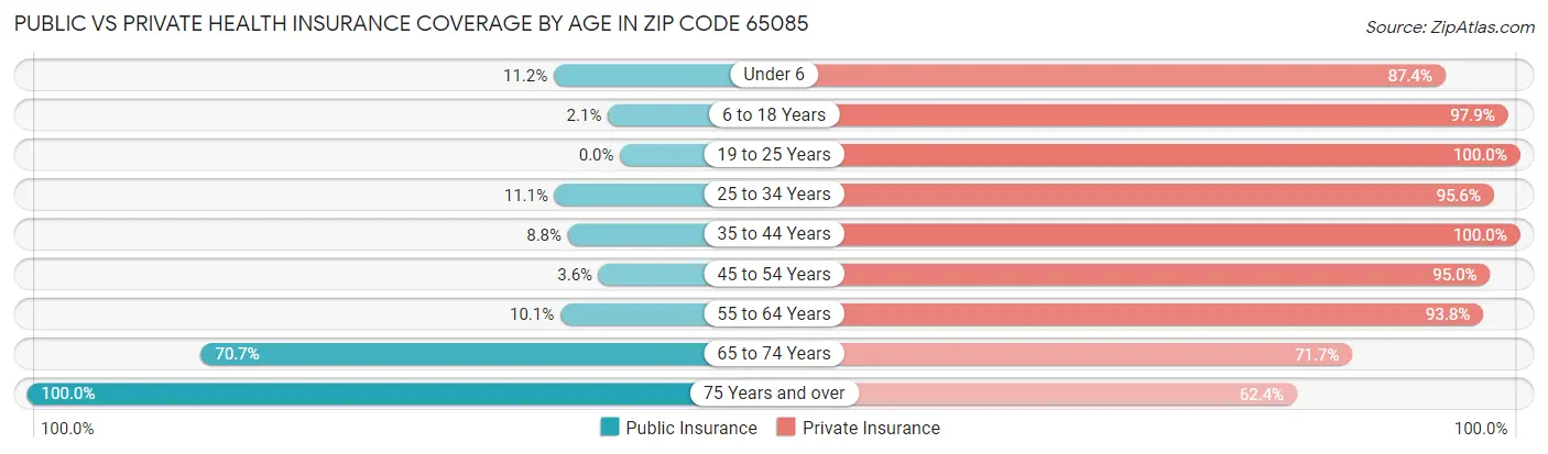 Public vs Private Health Insurance Coverage by Age in Zip Code 65085