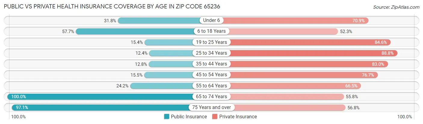 Public vs Private Health Insurance Coverage by Age in Zip Code 65236